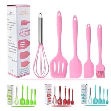 Imagem de Kit com 5 Utensílios de Cozinha Colheres Espátulas Pincel Fouet de Silicone Não Arranha Panela Altas Tempretraturas Resistente ao Calor Conjunto Livre de BPA (Rosa)
