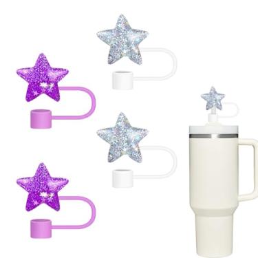 Imagem de Conjunto de 4 peças de topo de palha brilhante roxo e branco, tampa de palha em forma de estrela de 10 mm compatível com copos Stanley Copo de 30 e 1,134 g com alça, tampas de canudo de silicone