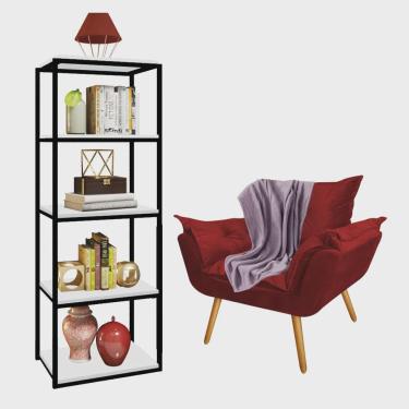 Imagem de Kit Poltrona Fatte com Manta Soft Lilás e Estante Livreiro Ferro Preto mdf Branco Suede Vermelho - Ahazzo Móveis