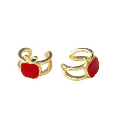 Imagem de Brinco de cartilagem de orelha de fruta para mulheres, orelhas não perfuradas, fofo, engraçado, vermelho, esmaltado, banhado a ouro, cereja, morango, maçã, falso, argola pequena, prendedor de argola