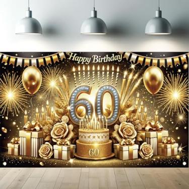 Imagem de Starlit Patio Pano de fundo de aniversário de 60 anos 178 x 109 cm faixa de festa dourada e preta elegante número de diamante balão decoração de fundo para homens e mulheres celebração de sessenta