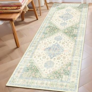 Imagem de MUJOO Tapete de corredor lavável, 5 x 15 cm para cozinha, banheiro, corredor, quarto, entrada, lavanderia, tapete antiderrapante para ambientes internos, tapete boho de pelo baixo, verde claro e azul