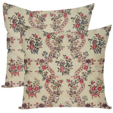 Imagem de HERHOME Capa de almofada listrada floral francesa com rosas e fitas vintage | Capa de almofada estilo vitoriano para sofá ou cama | 45 x 45 cm | Decoração de casa de campo chique gasto