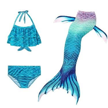 Imagem de LVTFCO Fantasia cosplay de 3 peças vestido de princesa rabo de peixe roupa de praia blusa e calça saia princesa fantasia de baile de máscaras, azul-GG
