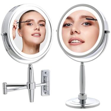 Imagem de OVENTE Espelho de maquiagem iluminado de 17 polegadas com ampliação de 1X/8X, espelho redondo multifuncional sem fio com design giratório de 360°, luzes LED de dupla face e três tons, cromado polido