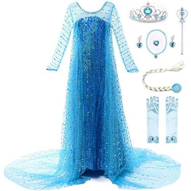 Imagem de JerrisApparel Fantasia de princesa para meninas, festa de aniversário, Natal, fantasia chique, Azul com acessórios, 4 Anos