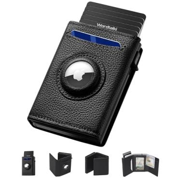 Imagem de Wordtaiki Carteira masculina inteligente para AirTag, carteira pop-up fina e minimalista compatível com suporte Apple Air Tag, couro genuíno com bloqueio de RFID, capacidade de 9 a 14 cartões | janela