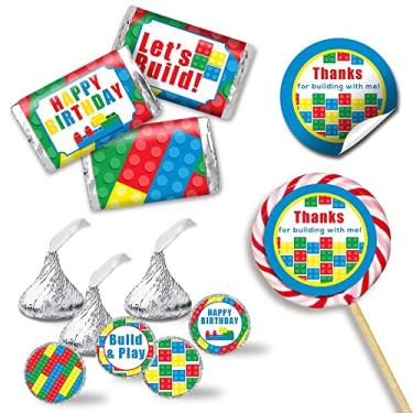 Imagem de Kit de adesivos para festa de aniversário de blocos de construção e tijolos - 429 peças!!! Inclui 60 adesivos circulares de 5 cm para lembrancinhas e sacolas de brindes, 45 mini embalagens de barra de