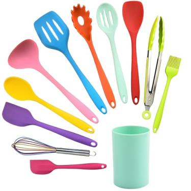 Imagem de Conjunto de 12 utensílios de cozinha de silicone – Utensílios de cozinha resistentes ao calor com concha, espátula, espátula pequena, suporte, antiaderente, lavável na lava-louças (multicolorido)