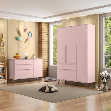 Imagem de Jogo De Quarto Para Bebê Completo Melinda Com Roupeiro E Cômoda Rose