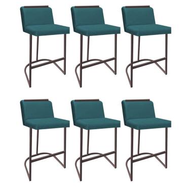 Imagem de Kit 06 Banquetas Com Encosto Confort Bistrô Cozinha Ferro Marrom Suede Azul Turquesa Amey Decor