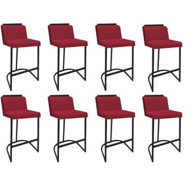 Imagem de Kit 08 Banquetas Com Encosto Confort Bistrô Cozinha Ferro Preto Sintético Vermelho Amey Decor