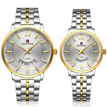 Imagem de Relogio De Pulso Conjunto Casal Em Aço Inoxidável De Quartzo Design Casual Impermeavel 3atm Branco Dourado