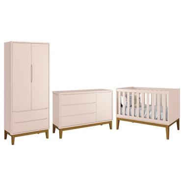 Imagem de Dormitório Infantil Classic 2 Portas Cômoda 1 Porta E Berço Rosa Fosco Com Pés Amadeirado Reller Móveis Rosa Fosco