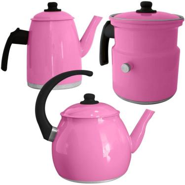 Imagem de Kit Chaleira Leiteira E Bule Gulê Alumínio 3 Peças Rosa