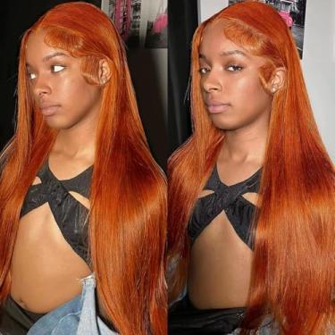 Imagem de Btomar Peruca Ruiva De Cabelo Humano 13X6, Renda Frontal, Lisa, Transparente, Laranja, Pré-Depilada, Densidade 180%, #350, Cor Cobre Vermelho Para Mulheres (26")