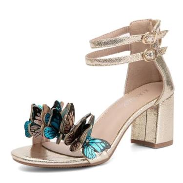 Imagem de JOEupin Sandálias Femininas De Salto Bloco Borboleta - Alto Elegante Com Tiras Douradas E Prateadas Para O Verão, Sapatos Confortáveis Festa Casamento