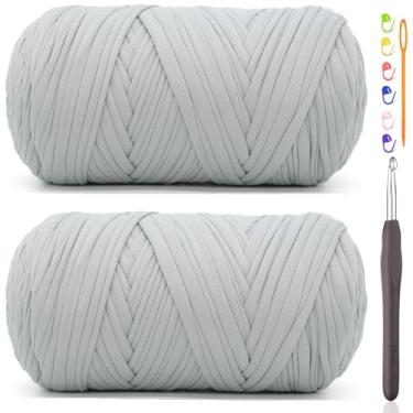 Imagem de 2 fios de camiseta de 400 g para crochê, cinza claro, tecido elástico grosso, fio de crochê para iniciantes, bolsa de tricô à mão, cesta/porta-copos / artesanato faça você mesmo/decoração de casa