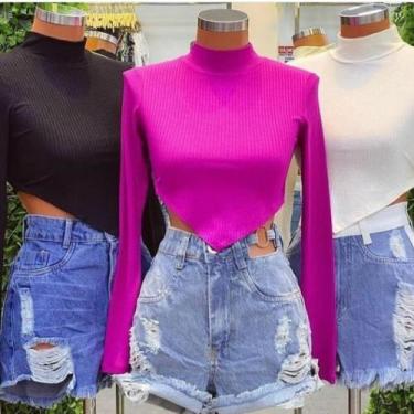 Imagem de cropped gola alta manga longa malha canelada triangulo - moda filo