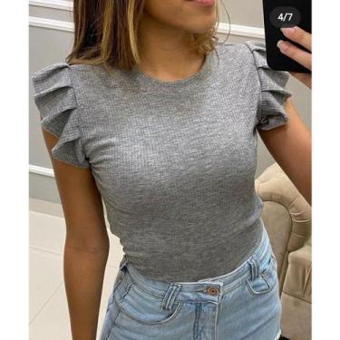 Imagem de Blusa feminina canelada cavada manga babado - Filó Modas, P, Fuscia