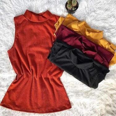 Imagem de Blusa feminina gola alta malha canelada com elastano feminina manga ca
