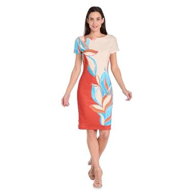 Imagem de Vestido elegante com estampa de folhas tropicais com cintura plissada e mangas curtas, Terracota/Multi, 46