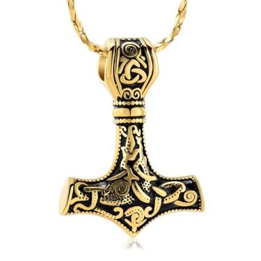 Imagem de AIWENXI Mjolnir Thors Martelo Cremação Urna Colares para Cinzas para Homens Mulheres Nó Celta Nó Nórdico Viking Memorial Humano/Pet Ash Pingentes Colares para Cinzas Medalhão Lembranças Joias,