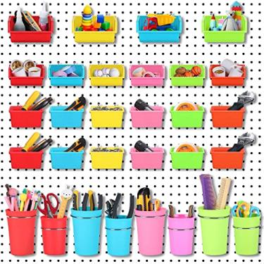 Imagem de Conjunto de 60 peças de caixas de pegboard de copos Pegboard, organizador de parede com ganchos e laços, ganchos de pregas, acessório organizador sortido para armazenamento de escritório, garagem, oficina de artesanato (várias cores)