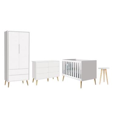 Imagem de Dormitório Completo Infantil Theo 2 Portas, Cômoda 6 Gavetas, Berço e Mesa de Canto com Pés Madeira Natural - Reller Móveis Branco Fosco