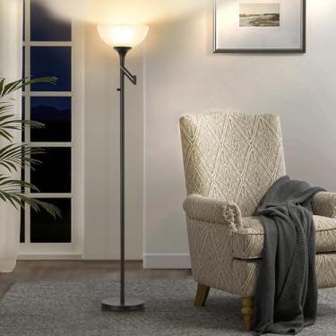 Imagem de EJIAXIN Luminária De Chão Para Sala De Estar - Luminárias De Chão Torchiere Pretas De 70" Com Cúpula De Vidro - Luminária De Canto Alta Para Decoração De Quarto Com Braço Articulado Ajustável, Luz