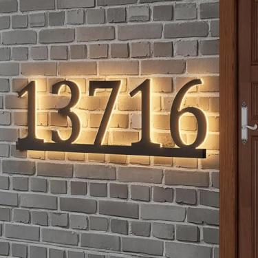 Imagem de Números de casa para iluminação externa - Placa de endereço iluminada acrílica personalizada - Números de endereço LED grandes à prova d'água para casa - Números de rua iluminados de 10 a 17 cm com