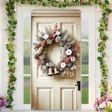 Imagem de BlissYard Guirlanda de Natal natural de pinha com sinos 188 x 89 cm, decoração rústica para porta de inverno com algodão, frutas vermelhas, vegetação fosca para varanda da frente, decoração de parede