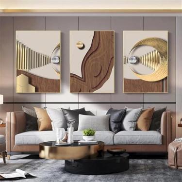 Imagem de Pintura Geométrica Abstrata Sobre Tela - Arte De Parede Marrom De Luxo Dourada - Pôster E Impressão Para Decoração Moderna E Minimalista - 3 Peças, 50x70cm