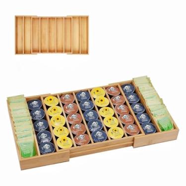 Imagem de UoeRing K Porta-copos de bambu organizador de gaveta de cápsulas de café, expansível, cápsulas K, saquinhos de chá, para estação de café, casa, escritório e cozinha