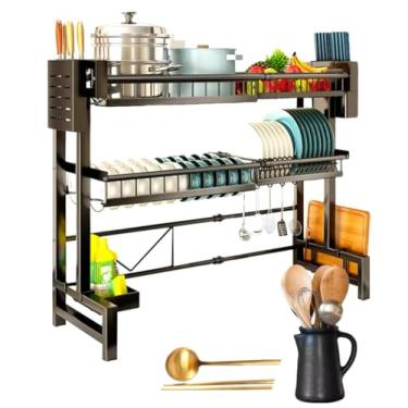Imagem de Escorredor de Louças Ajustável Com Design em 2 Níveis Preto em Aço Inox Ganchos Para Xícaras, Escumadeiras Cesta Frutas, Facas, Suporte Para Detergente, Esponja e Tábua Com Pezinhos Antiderrapante