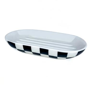 Imagem de Saboneteira de cerâmica, saboneteiras de chuveiro para pia de banheiro, saboneteira fofa para cozinha, saboneteira decorativa quadriculada preta e branca