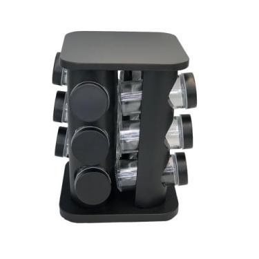 Imagem de Porta Condimentos Giratório, 12 Potes de Vidro de 80ml, Base Plástica Preta, 22cm x 17cm
