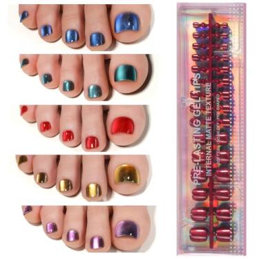 Imagem de 150 peças de pontas de unha olho de gato, unhas postiças Plauva Toe Press, 5 cores brilhantes olho de gato, unhas postiças de gel macio para mulheres e meninas, 15 tamanhos