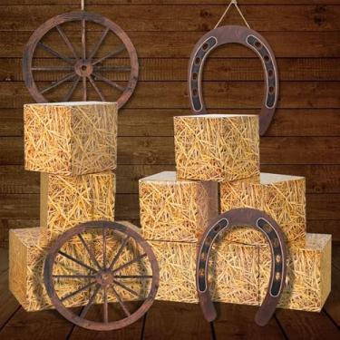 Imagem de Conjunto de 14 caixas de fardos de feno, kit de decoração de festa caubói ocidental, 10 caixas de palha + 2 rodas de carroça de madeira + 2 ferraduras, tema caubói para festa de cowboy ocidental