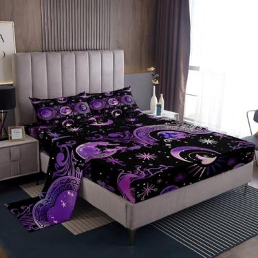 Imagem de jejeloiu Jogo de lençol Queen para decoração de Halloween, sol e lua com bolso profundo, roxo, eclipse do sol, engraçado, astronomia, macio, 4 peças com 2 fronhas