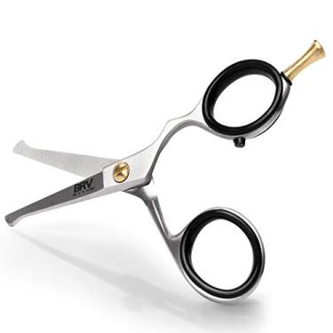 Imagem de BRV MEN Tesoura de corte pequeno de ponta arredondada para homens 10,7 cm | Aço inoxidável de alto carbono | Pelos do nariz para homens | Tesoura profissional para barba e bigode e orelha - mão