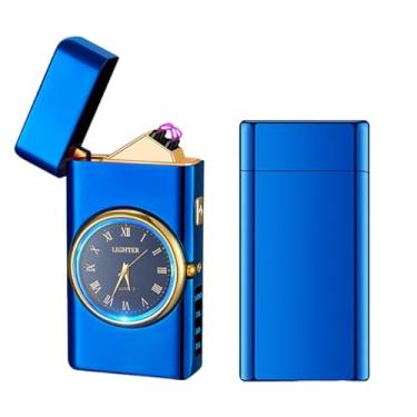 Imagem de TIKIUKI Isqueiro à prova de vento recarregável por USB com chama de arco duplo, luz LED, tela legal, design durável – ideal para acampamento, caminhadas, churrasco e presentes|(azul)