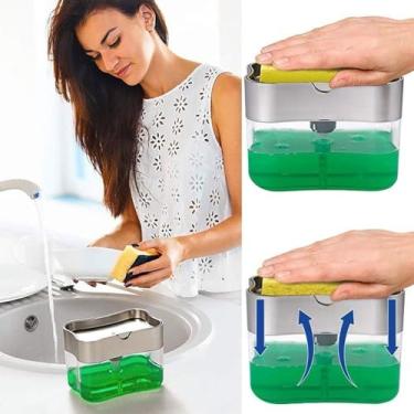Imagem de Dispenser de Detergente com Suporte para Esponja, 600ml, 10 x 8 x 13 cm, Porta Bucha 2 em 1