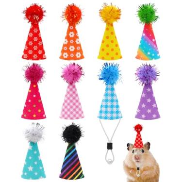 Imagem de PET SHOW Pacote com 10 chapéus de hamster minúsculos para cobras, ouriço, lagarto, réptil, mini chapéus com pompom de tinsel ajustável, faixa de cabeça de feltro para porquinho-da-índia, galinha