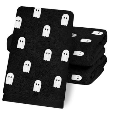 Imagem de Whaline 3 peças de toalhas de mão de Halloween preto branco fantasma bordado toalha de prato de algodão toalha de banho absorvente para banheiro secagem de mão conjunto de presente de limpeza de