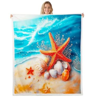Imagem de jejeloiu Cobertor de pelúcia para crianças, estrela-do-mar, praia, sofá, praia, litoral, oceano, sherpa, cobertor para meninos e meninas, para decoração de quarto de adolescentes, 228 x 228 cm
