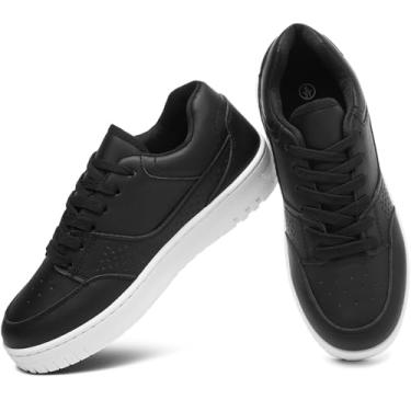 Imagem de Eydram Tênis feminino de couro branco com palmilha de espuma viscoelástica, plataforma de cano baixo, tênis casual com cadarço, Preto, 40