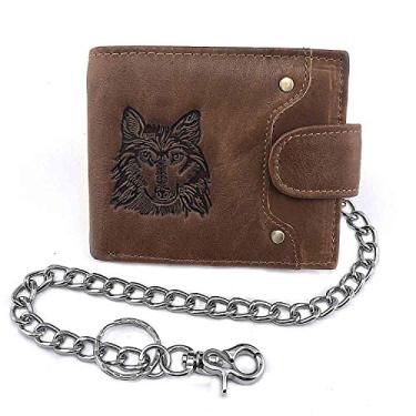 Imagem de Carteira masculina Wolf Snap de couro legítimo com zíper interno com zíper e corrente, Marrom, short wallet, Carteira para cartão