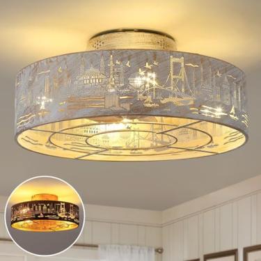 Imagem de Alaruder Ventiladores de teto enjaulados com luzes embutidas, ventilador de teto de perfil baixo com controle remoto, ventilador branco com gaiola de 50 cm para quarto, ventilador de teto fechado