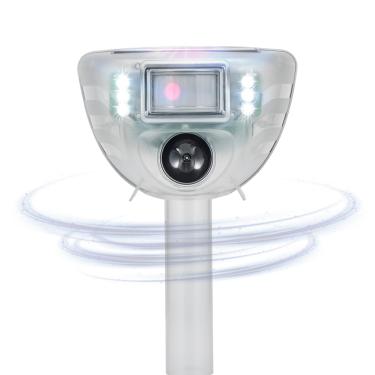 Imagem de Repelente solar ultrassônico de animais com sensor de movimento – antipragas à prova d'água ao ar livre para pássaros, gatos, esquilos, veados – frequências ajustáveis, LED piscando, alarme e controle